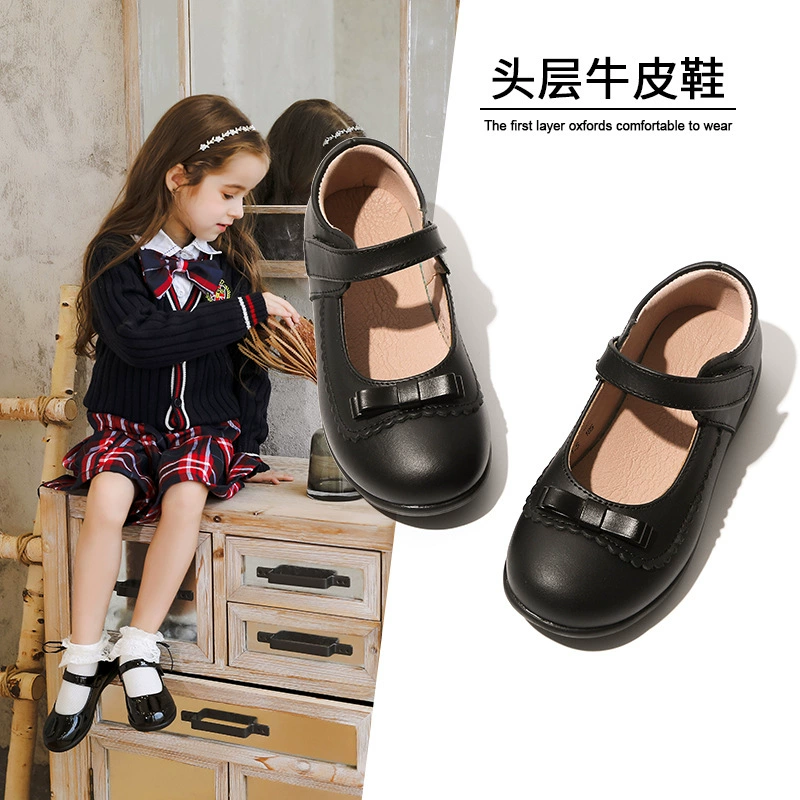 Черная кожаная обувь для девочек, весенне-Осенняя детская школьная обувь из натуральной кожи в цветочек, детская обувь с бантом в британском стиле, школьная обувь с мягкой подошвой