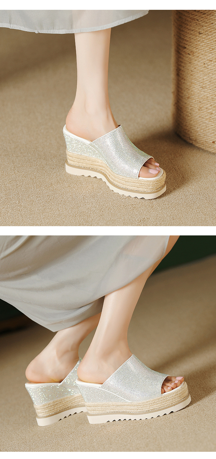 Sandal cao gót nữ đế xuồng đan rơm mũi hở đính đá — màu hồng nhạt, bạc chi tiết 7