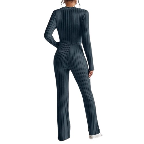 Popular European and American models casual solid color two-piece set with front knotted long-sleeved short top and slim pants set
