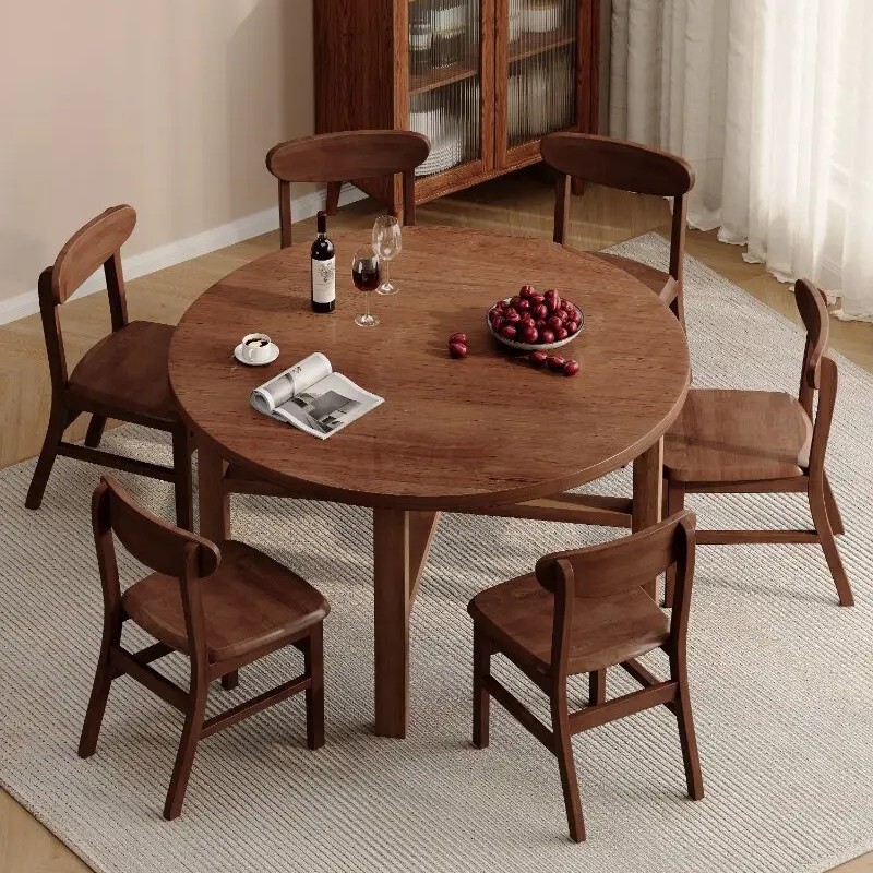 Round Table with Solid Wood Legs, New Chinese Style Walnut Color, Cross-Border Exclusive for Small Household Use, Dining Table with Rotating Feature