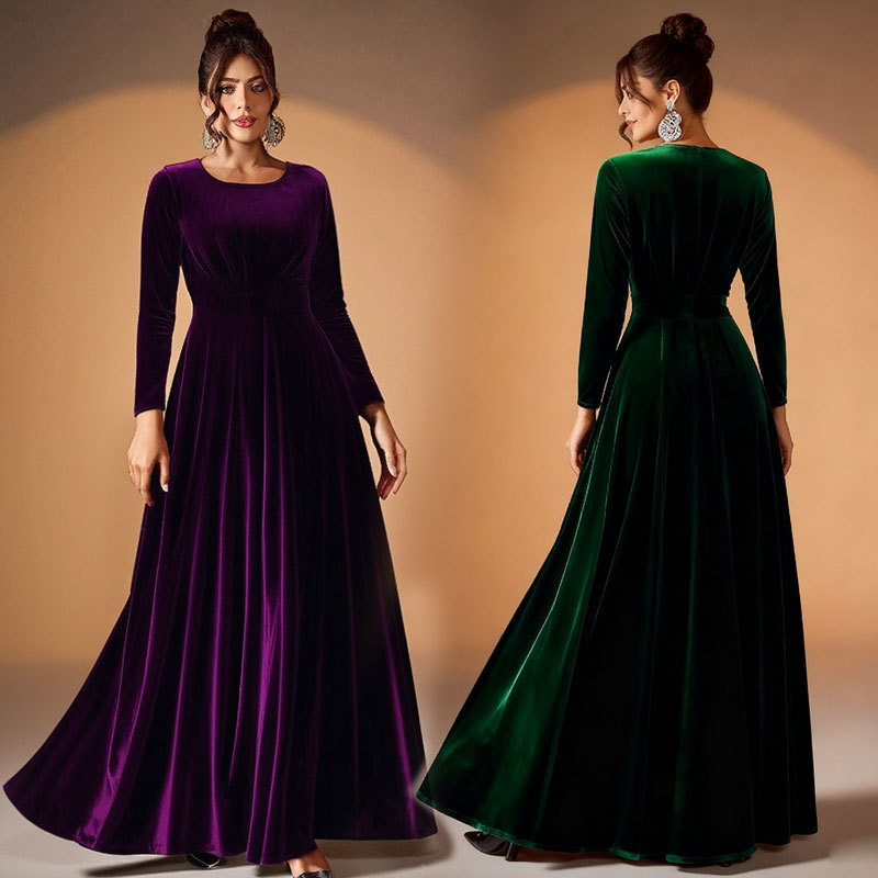 2026 Cross-Border Amazon Independent Station Women's Plus Size Evening Dress Gold Velvet Long-Sleeved Dress Pleated Dress for Women