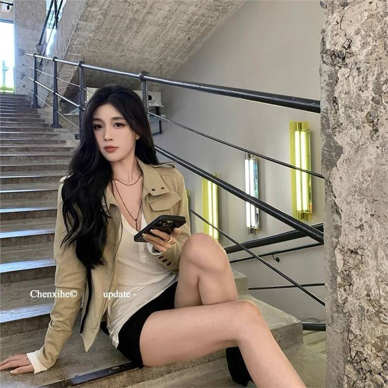 何晨曦 美式复古牛皮绒短款夹克外套女春秋韩版休闲百搭长袖上衣|undefined