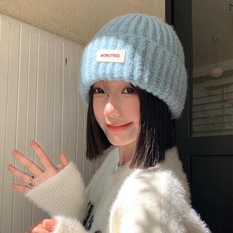 蓝色针织毛线帽女2025秋冬季大头围百搭帽子显脸小保暖护耳包头帽|undefined