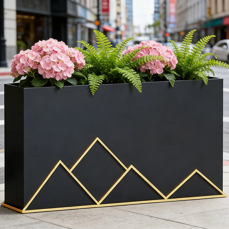 Caja de flores de acero inoxidable forjado al aire libre, sala de ventas, caja de flores de calle comercial, caja de flores de metal terminada, cerca de caja de flores