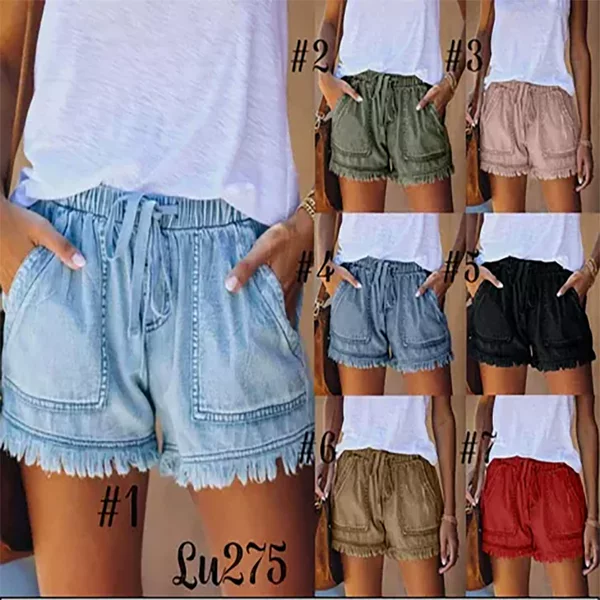 2023 Summer Cross-Border New European and American Export Elastic Waist Drawstring Casual High Waist Slim Denim Shorts for Women