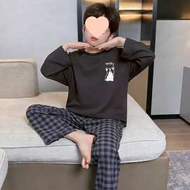 儿童纯棉家居服2026春秋款长袖全棉男童睡衣套装12到15岁大童空调