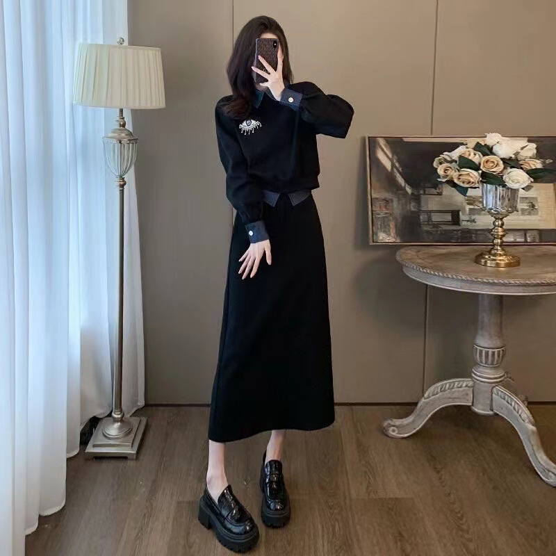 跨境秋季套装女2025年新款小众设计高级感假两件卫衣半身裙两件套|undefined