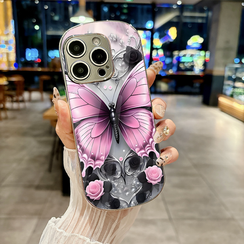 Suitable for Iphone16 Dazzling Black Pink Butterfly Flower Oval Shield Electroplated Iphone15Promax Mobile Phone Case Suitable for Iphone16 Dazzling Black Pink Butterfly Flower Oval Shield Electroplated Iphone15Promax Mobile Phone Case