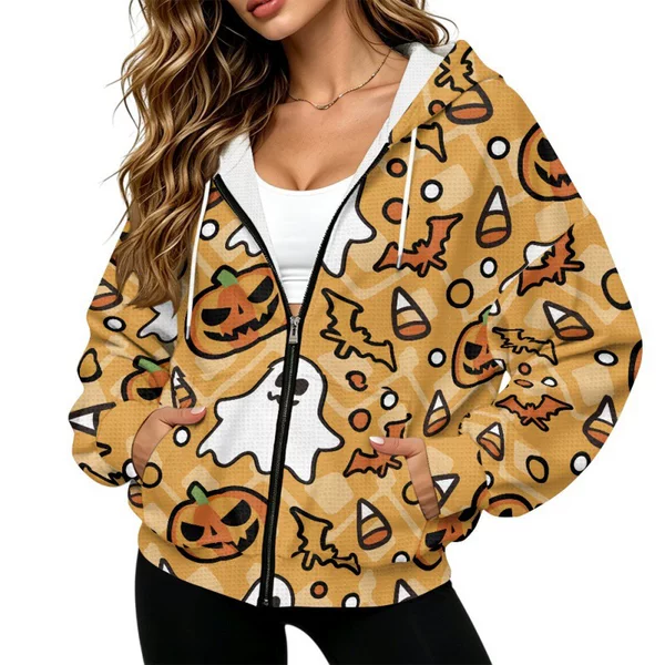Amazon Halloween Waffle Knit Women's Drop Shoulder Zip-Up Sweatshirt, Etsy Dropshipping, Direct from Manufacturer, Minimum Order Quantity: One Piece