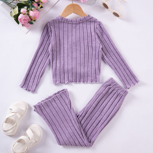 Autumn/Winter 2025 Girls' Casual Set: Round Neck Plush Lace Butterfly Long Sleeve + Trousers