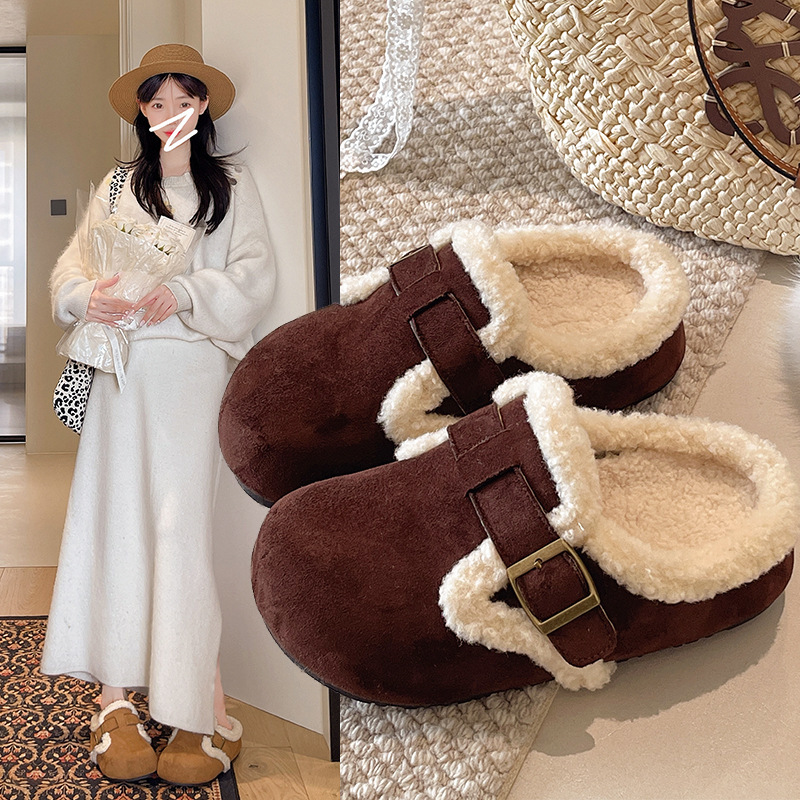Thick-Soled Plush Birkenstock Shoes for Women 2025 Autumn and Winter New Snow Boots Warm Toe-Cap Half-Flop Cotton Slippers for Outer Wear