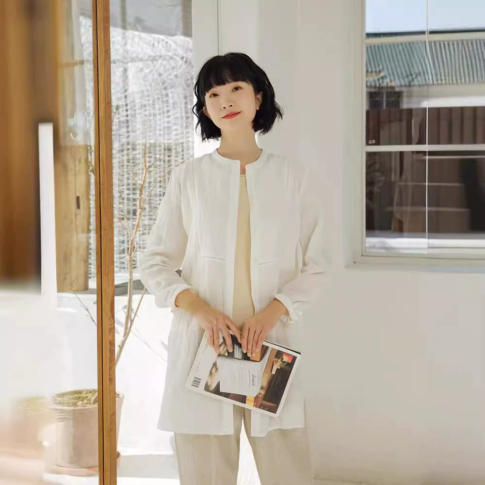 2021 весенне-летняя новая дорожная женская льняная Длинная женская рубашка с длинным рукавом и вышивкой, прямой женский топ с круглым вырезом