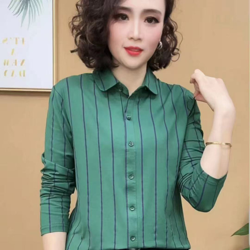 Round Neck Spring and Autumn Fashion Stylish Striped Straight-Cut Slim-Fit Long-Sleeve Women's Turn-Down Collar 9/10 Sleeve Shirt