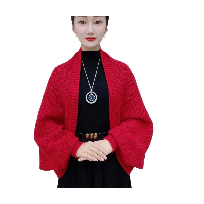 新款秋冬针织密织方格披肩保暖百搭时尚气质开衫洋气外搭镂空|undefined