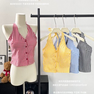 L5312 # Sweet Retro Plaid Backless Halterneck Camisole Women's Summer Slim Fit Short Top