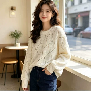慵懒风宽松羊毛衫女100纯羊毛加厚圆领镂空菱形格26新款毛衣上衣