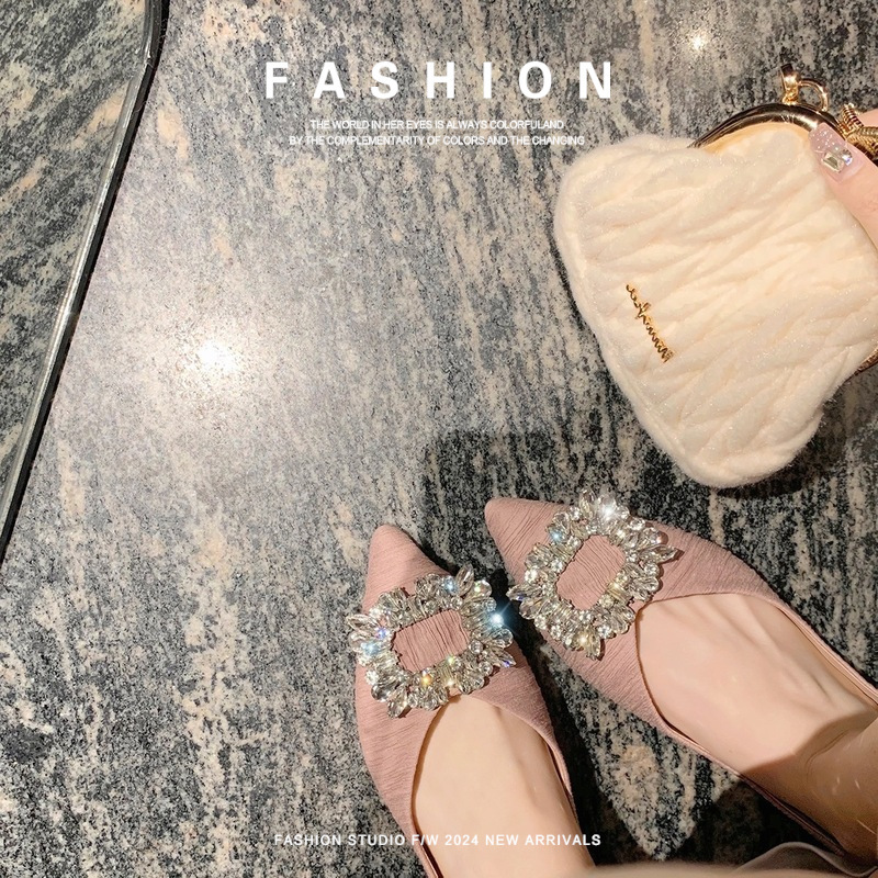 Cowhide Fairy-Style Flat Shoes for Women, Pointed Toe with Rhinestones, Spring New French Style, Shallow Mouth, Soft Surface