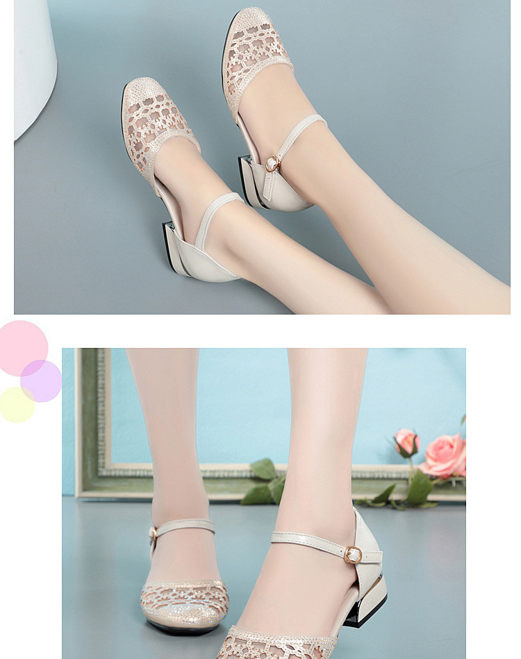 Sandal bít mũi nữ da thật lưới thoáng gót thấp — Màu be chi tiết 10