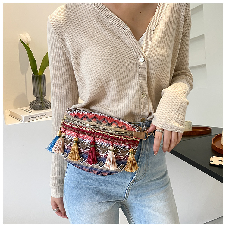 Venda quente pequeno peito perfumado tecido estilo étnico cor contrastante borla nova fita cintura bolsa crossbody tendência_voghion.com