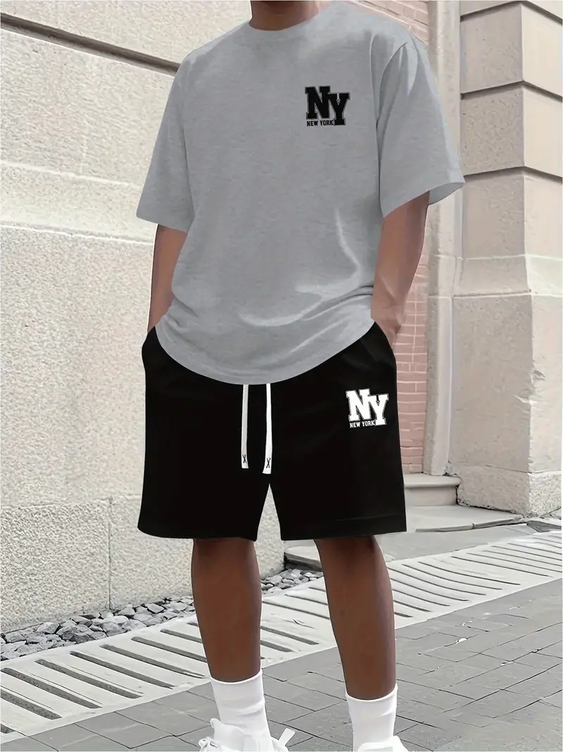 Men's Casual Summer T-Shirt & Shorts Set With NY Letter Print, Cotton Comfort Outfit_viptrois.com
