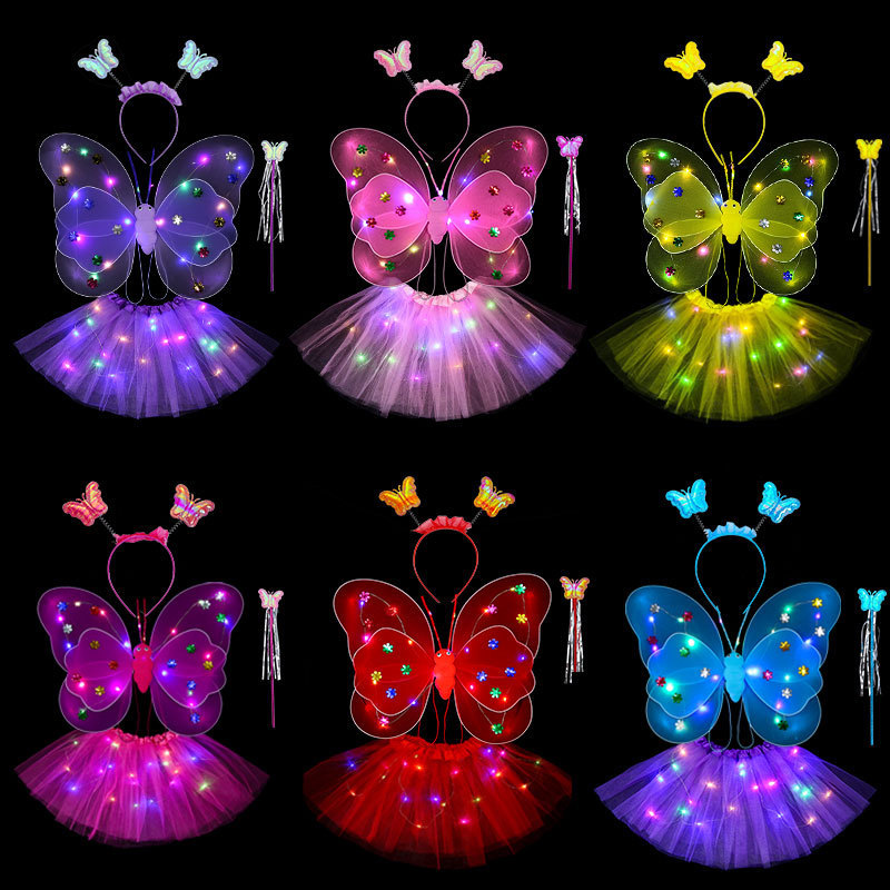 Mariposa luminosa alas de niña espalda juguetes flash niños maravillosos hadas varitas mágicas hadas flores set de tres piezas