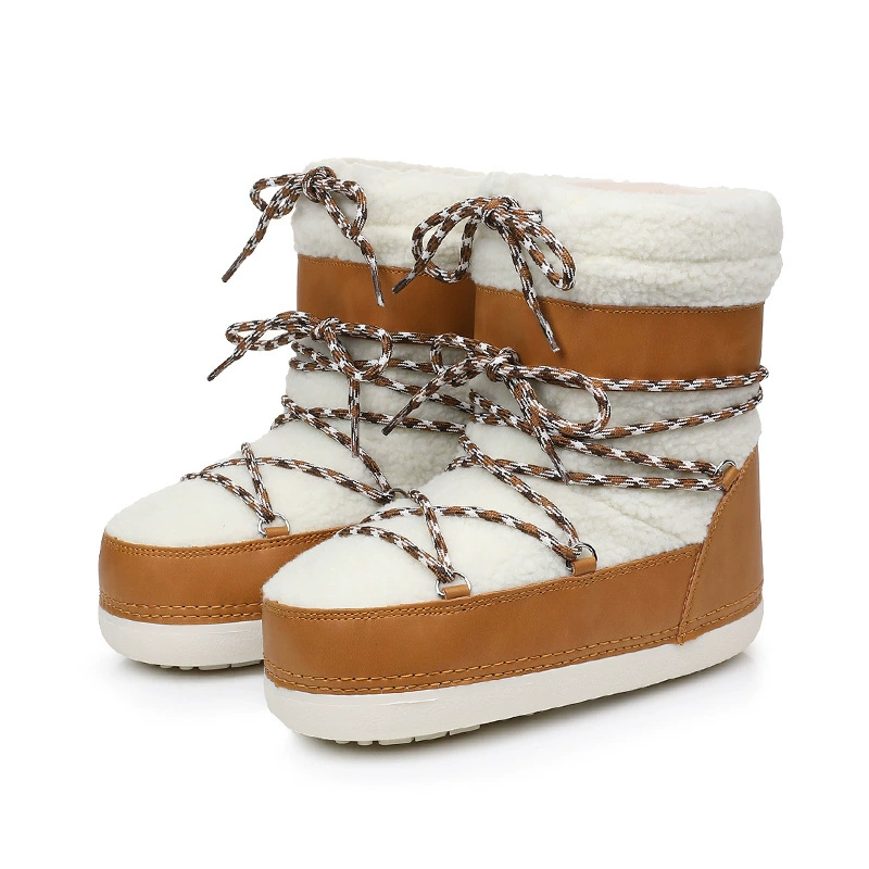 Новые зимние Moon Boots 2025 для женщин, нескользящие тёплые снежные ботинки, стильные, для тинейджеров, туфли наوسط средний голени lace up с меховой подкладкой