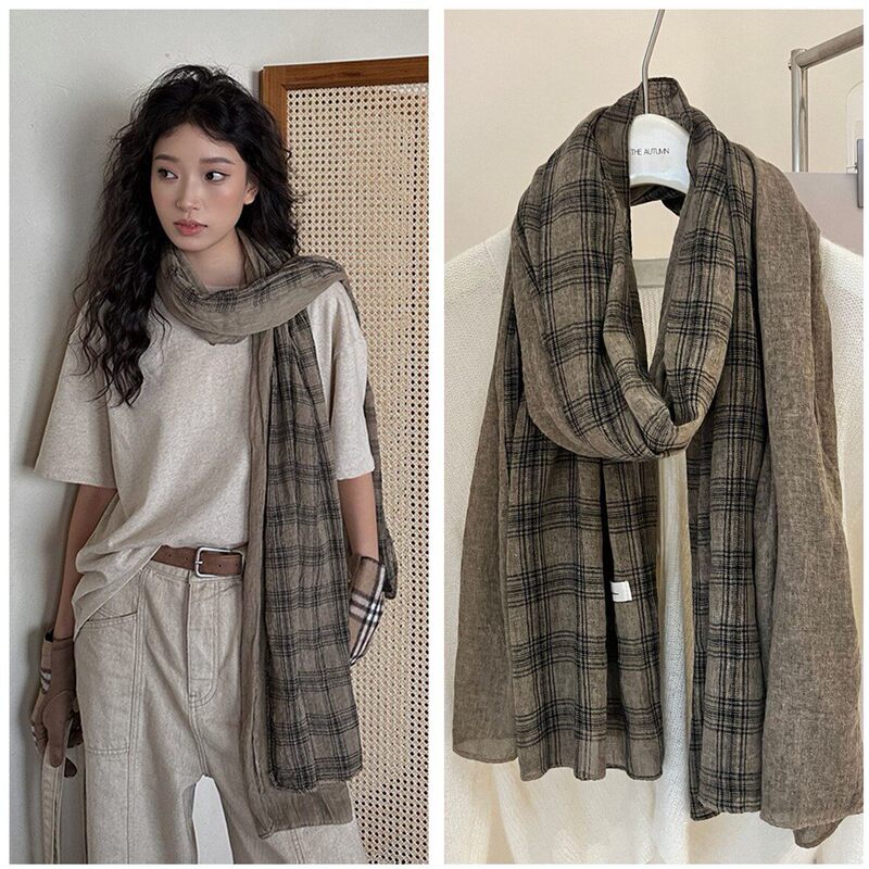 Autumn and Winter New Versatile Plaid Patchwork Linen Scarf for Women, Korean Style Atmospheric Solid Color Cotton and Linen Warm Shawl Autumn and Winter New Versatile Plaid Patchwork Linen Scarf for Women, Korean Style Atmospheric Solid Color Cotton and Linen Warm Shawl