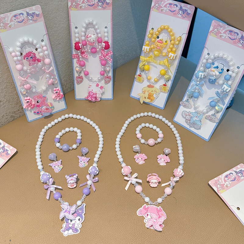 韩版甜美流行儿童首饰串珠项链手链耳夹5件套儿童项链手链套装|undefined