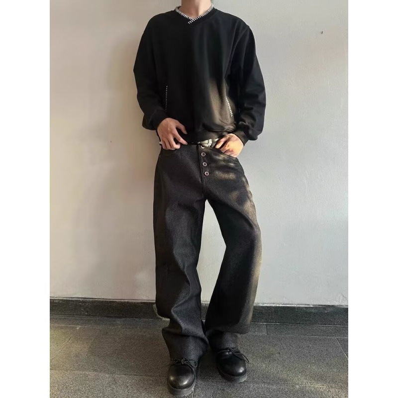 Men's Retro Washed Loose Placket Button Pants 2025 Autumn New Straight Wide-Leg Denim Trousers