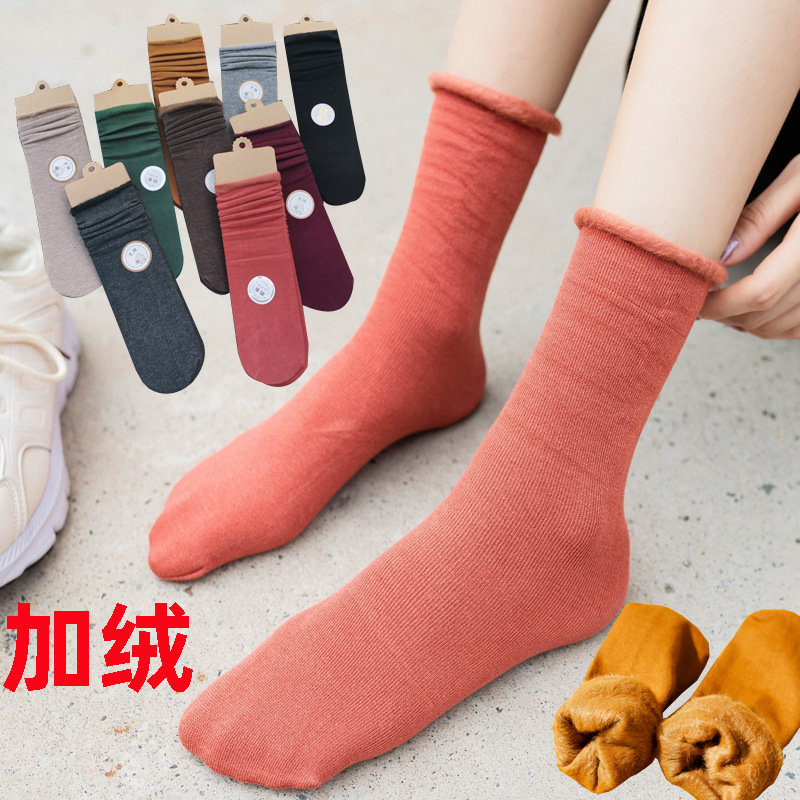 Calcetines de media pantorrilla de color sólido para mujer, estilo japonés, mezcla de algodón, forrados de lana, gruesos y cálidos, venta al por mayor, para primavera, otoño e invierno.