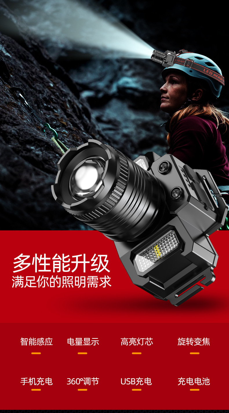 跨境智能感应头灯头戴式P50强光头灯矿灯户外工作灯led电显钓鱼灯-阿里巴巴