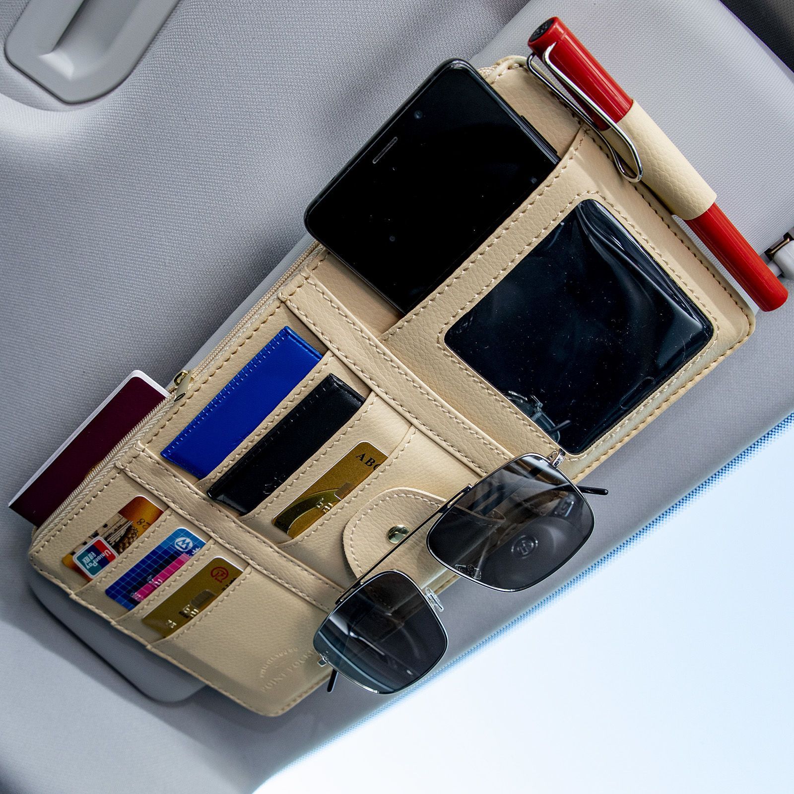 汽車遮陽板收納多功能車載車內眼鏡夾架卡片收納袋卡包票據證件夾