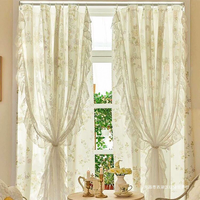 French floral curtains with blackout without holes installation rental house renovation bedroom bay window 2025 new model