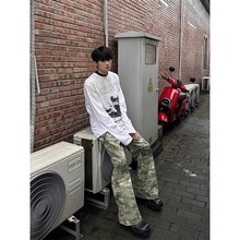 美式复古迷彩牛仔裤男夏季小众设计感刺绣工装裤子直筒微喇弯刀裤