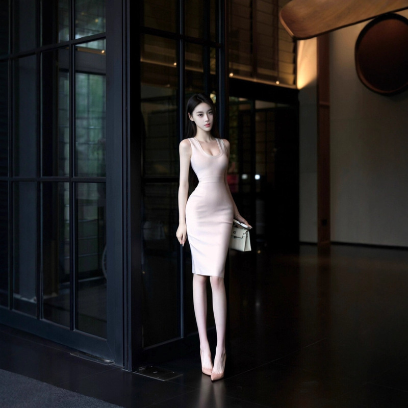 Chanel-Style U-Neck Slim Fit Bodycon Dress with Spaghetti Straps and Bandage Waist