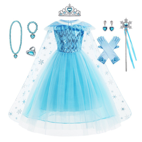 Icy White Elsa Trendy Princess Dress with Sparkling Net Organza and Detachable Mantle, Dropshipping One Piece