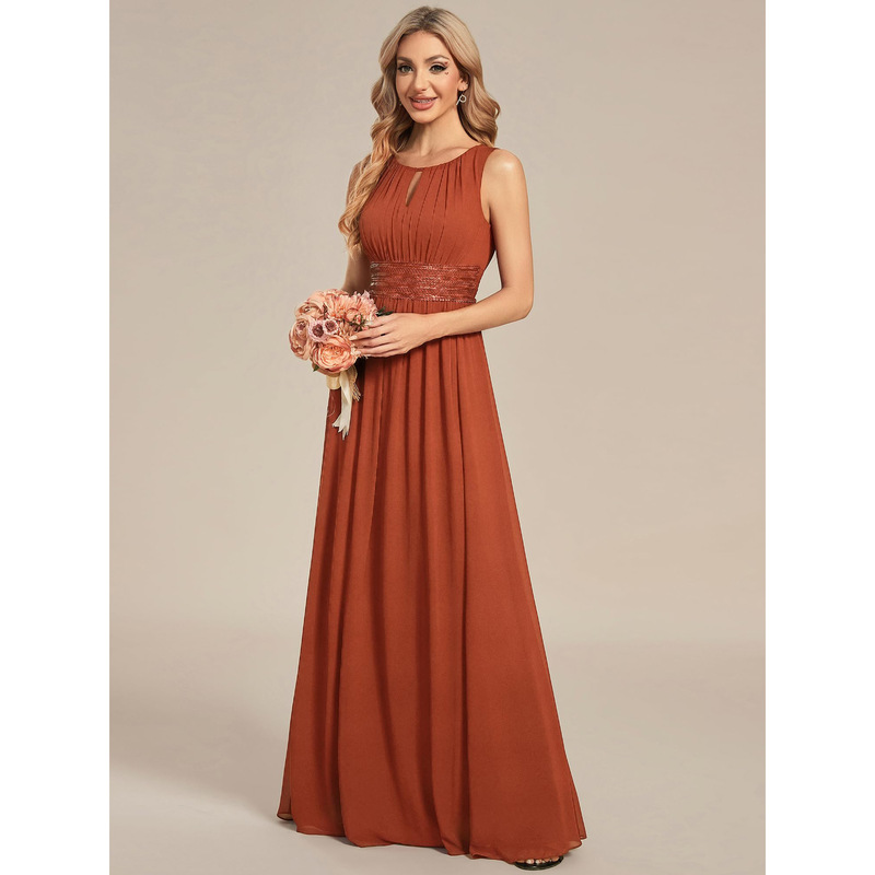 European and American Style Chiffon Sleeve Bridesmaid Dress with Ruffles, A-Line Cutout Round Neck Formal Wedding Guest Dress for Women European and American Style Chiffon Sleeve Bridesmaid Dress with Ruffles, A-Line Cutout Round Neck Formal Wedding Guest Dress for Women