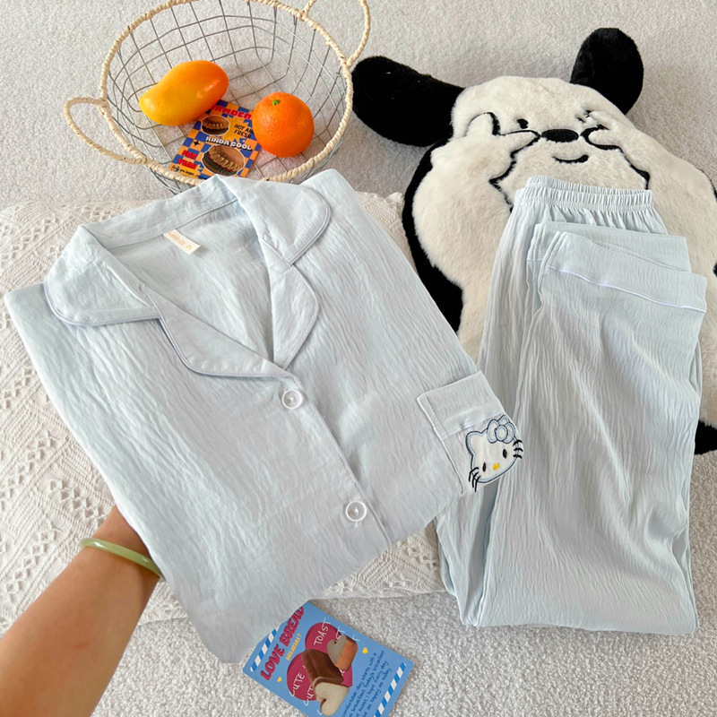 日系格子helloKitty睡衣女款春秋夏季纯棉长袖可爱开衫棉纱家居服|undefined
