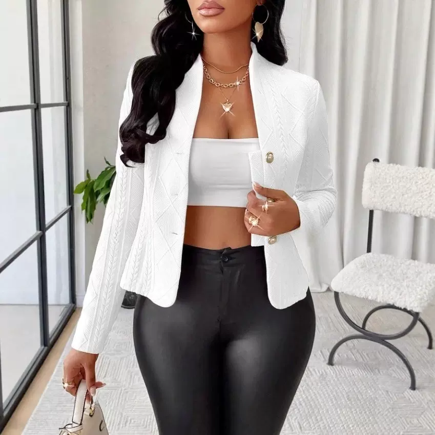 亚马逊跨境2025欧美秋冬女装短款开衫纽扣长袖修身夹克女外套