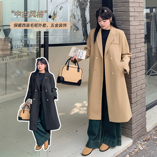 Plus Size Slimming Look Right Shoulder Mid-Length Outwear Autumn and Winter New Korean Style Simple Woolen Outwear 411765
