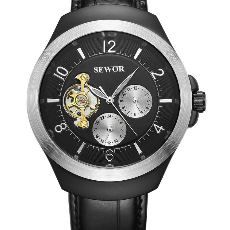 Sewor reloj mecánico automático hueco tourbillon cinturón moda hombres reloj multifuncional reloj mecánico 622