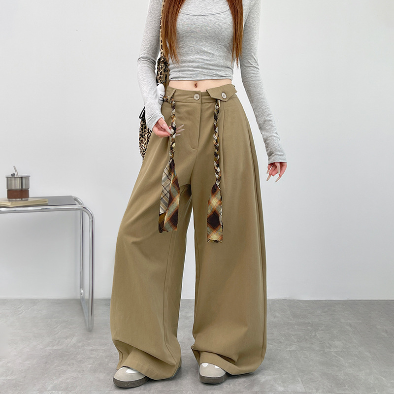 老钱风美式复古西装裤女秋季2025新款高腰系带花绳慵懒弯刀阔腿裤|undefined
