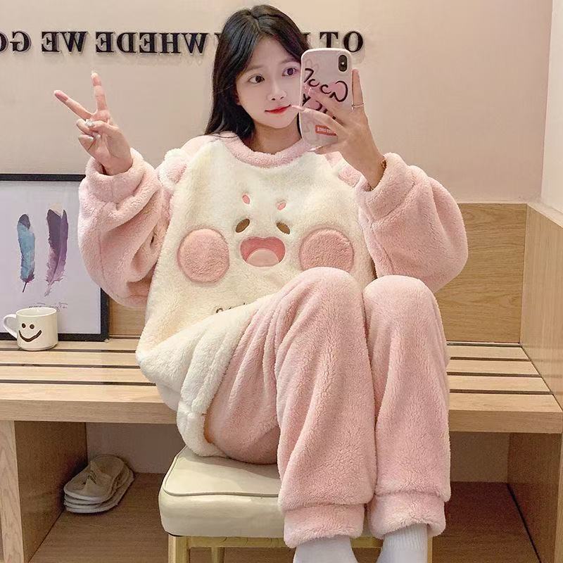 Coral Velvet Pajamas for Women in Autumn and Winter Thickeneded and Velvet Cute Flannel Home Clothes Winter Student Warm Suit