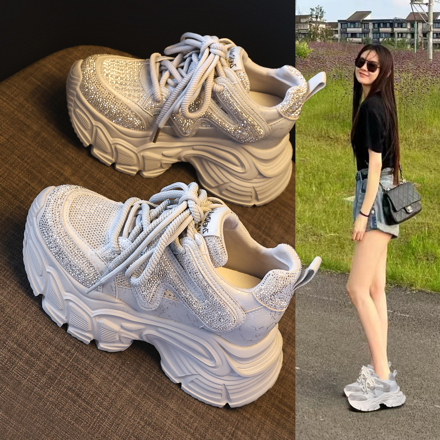 Giày sneaker nữ đế dày tăng chiều cao phong cách thể thao đính đá rhinestone — màu trắng