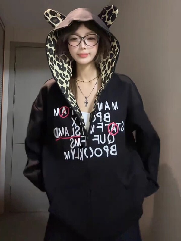 美式复古豹纹耳朵拼接连帽卫衣男女2025宽松设计感小众开衫外套秋|undefined