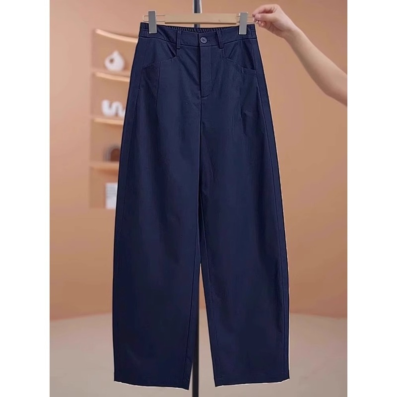 夏のファッションシミターパンツ女性のルーズで多用途なストレートパンツハイウエストスリムネイビーブルーカジュアルワイドレッグパンツ A4817|undefined