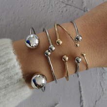 欧美跨境新款 个性多圆珠几何开口金银手镯5件套 手饰套装