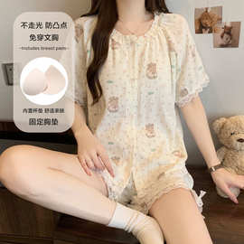 纯棉可外穿带胸垫女士睡衣夏季棉短袖短裤带胸垫套装家居服
