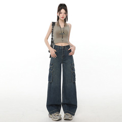 复古蓝工装牛仔裤女2025年夏季新款直筒宽松高腰显瘦阔腿拖地裤子
