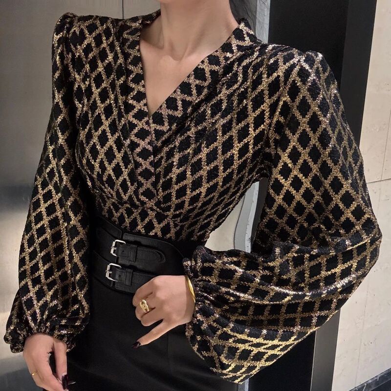 French-Style Diamond-Pattern V-Neck Printed Long-Sleeve Shirt for Women, 2025 Spring New Model, Elegant High-End Commuter Personality Top, Ins Style